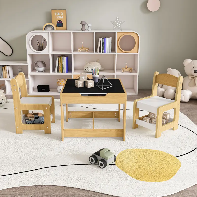 High end and high-quality 3-in-1 Kids Study Table & Chairs Set - Multi-Functional Activity Table with Detachable Blackboard Top for Drawing/Reading/Play, Durable Engineered Wood (MDF) Nursery Furniture for Toddlers,Safe, sturdy, comfortable, and stable