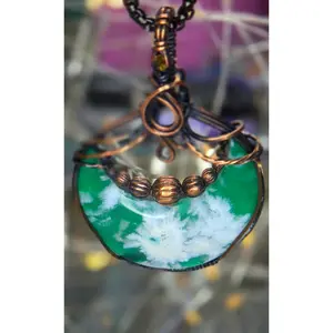 Green Moon – Green Plume Agate & Citrine Copper Pendant