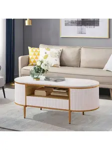 Modern Luxury Fluted Coffee Table, 48" Coffee Table With Storage Drawer, Oval Coffee Table With Golden Legs, Faux Marble Top, Modern Coffee Table For Living, Reception Room, Home Office
