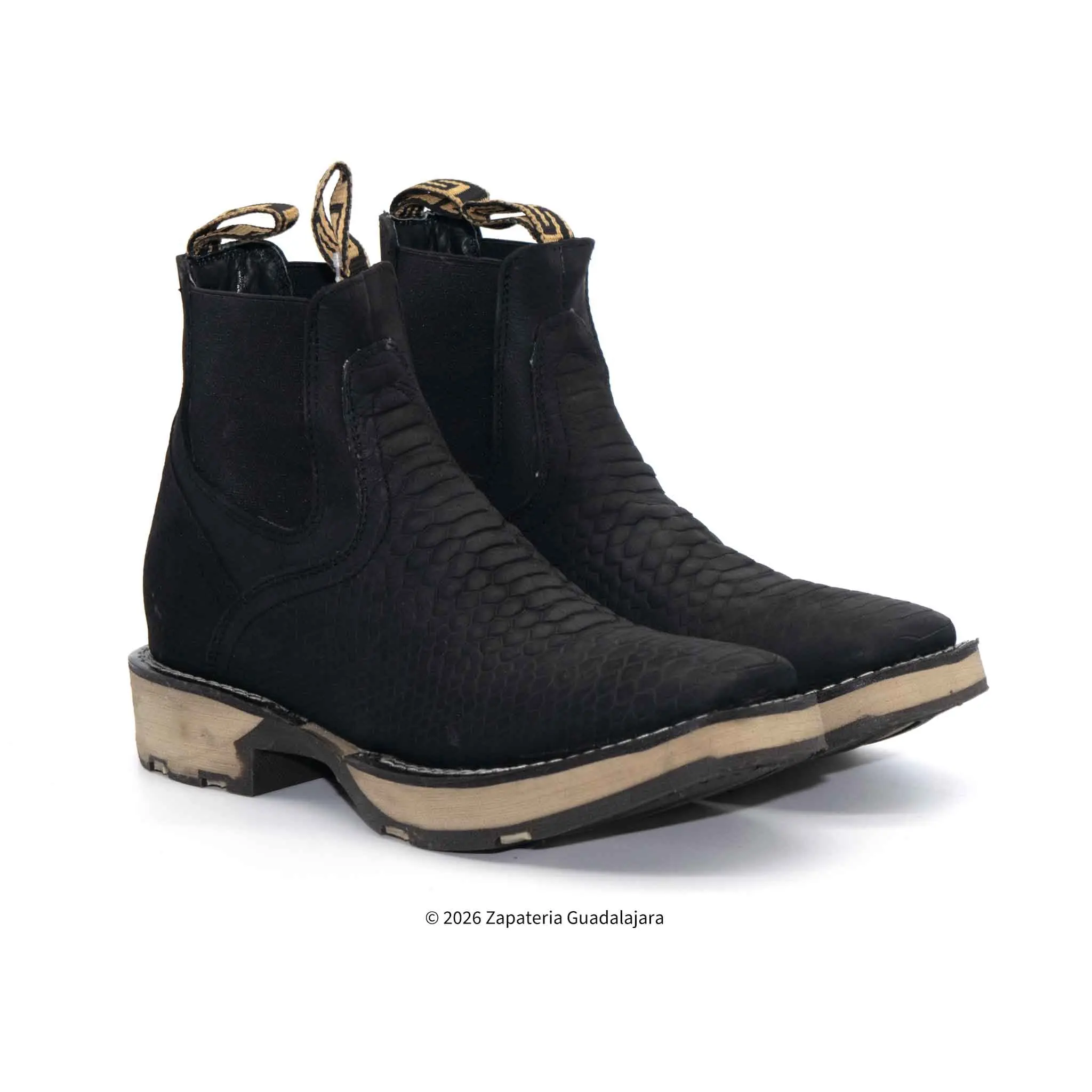Matte Black Python Print Square Toe Double Density Sole Leather boot