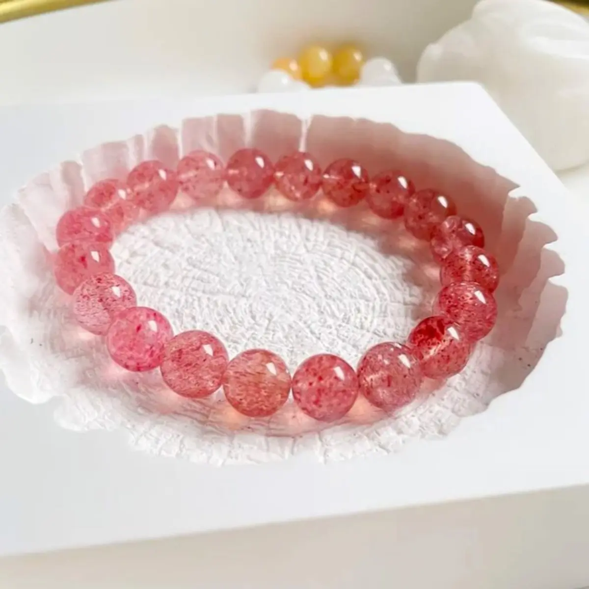 Healing Crystal Bracelet for Women, 8mm Beaded Strawberry Quartz Bangle, Handmade Everyday Stretch Jewelry for Youth & Pink Lovers, Beads