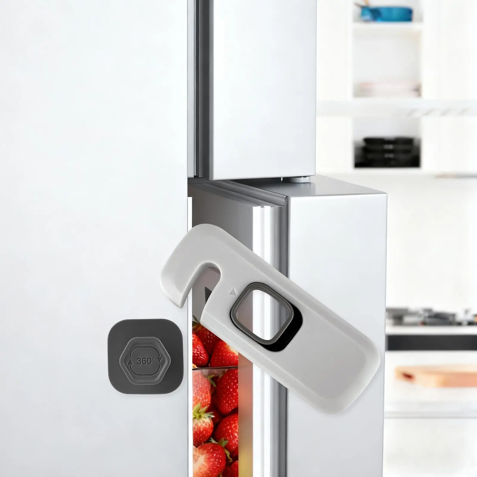 5Pcs 360 Degree Rotatable Cabinet Safety Locks, Childproof Refrigerator Lock with 2 Trace-Free Strong Adhesive Stickers, No Drill Childproof Cabinet Door Lock for Fridge Freezer Single Door Storage Cabinets