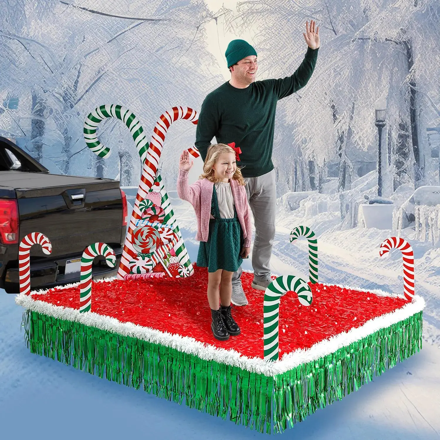 15-Pc. Candy Cane Parade Float Decoration Kit, Festive Home & Party Supply Set with Vinyl, Plastic, Cardboard Signs, Metallic Accents, Fringe Curtain & Easy Installation