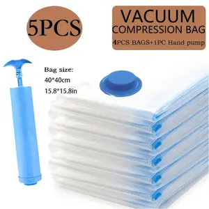 5-Piece Travel Storage Set, 4 Large Vacuum Bags 40x40cm with Manual Pump, Space-Saving, Sealed Compression, Dustproof, Moisture-Proof