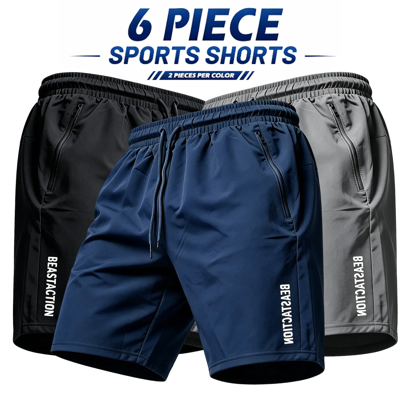 6 Pack Mens Athletic Sports Shorts, Quick Dry Breathable Shorts with Drawstring Elastic Waist & Zipper Pockets, Anti-Pilling Anti-Snag Fade Resistant, 2 Navy 2 Black 2 Gray, Suitable for Running, Basketball, Fitness & Daily Training