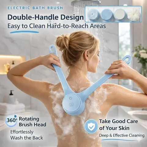 Rechargeable Electric Body Scrubber - Exfoliating Bath Tool with 4 Head Swap, Waterproof 360-Degree Rotating Shower Brush, Ergonomic Long Handle, Deep Scrub Power, Cleansing Foldable Dual Grip for Back Cleaning, Home & Party Gift Bath Accessory