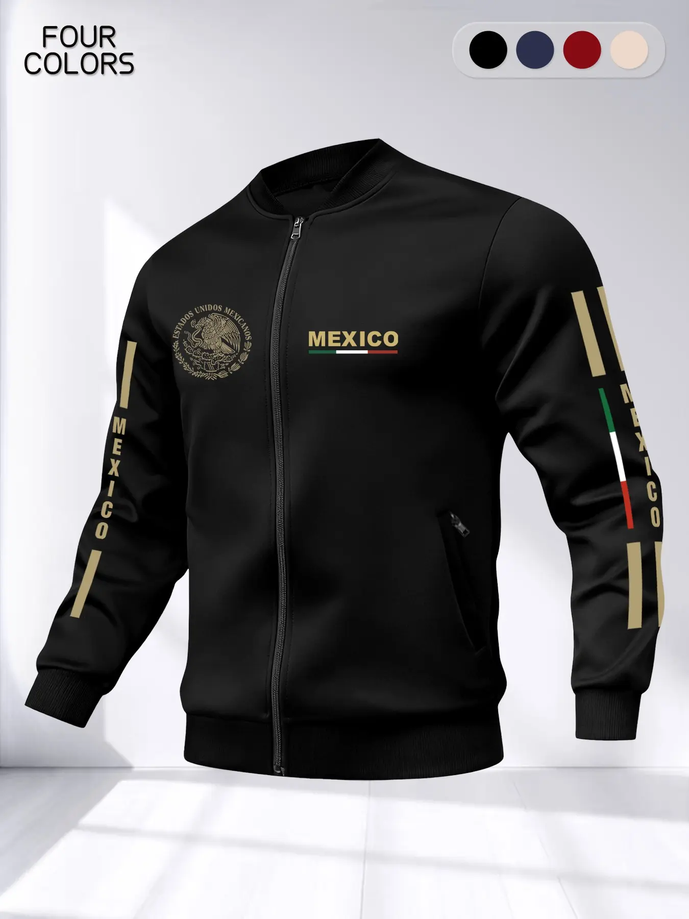 American Vintage Mexican Style Jacket, Men's Loose Fit Zip Pocket Cardigan, Fashion Trendy Sports Coat, Casual Zipper Outerwear, Fall & Winter Long Sleeve, Print