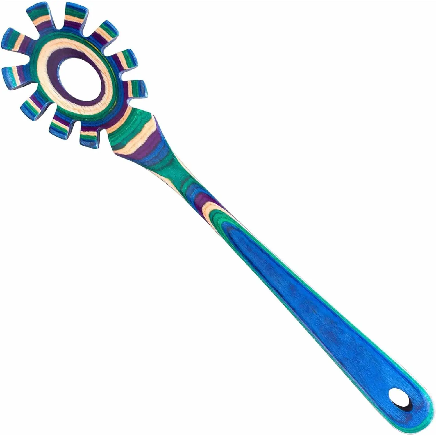 Mumbai Collection Wooden Spaghetti Spoon - 12.5 inches Kitchen Cooking Utensil, Colorful Birch Wood 12.5" Pasta Server with Teeth for Portioning, Stirring
