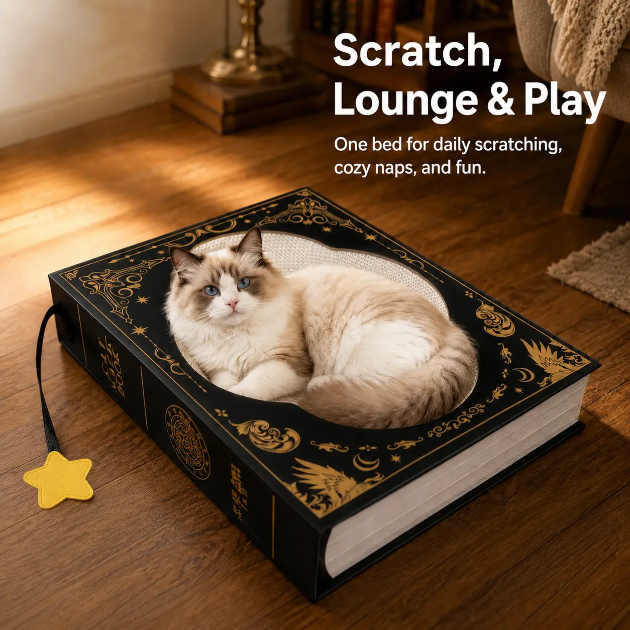 Magical Book Shaped Cat Scratcher Bed, 3-in-1 Cat Lounge Bed with Sisal Scratching Surface, Vintage Book Cat Bed with Hanging Star Toy, Durable Cat Scratch Pad for Resting, Scratching & Playing, Furniture Protection for Indoor Cats