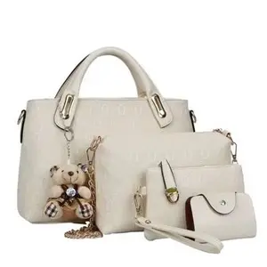Elegant 4-in-1 Handbag Set: Textured Noir Collection with Bear Keychain and Gold Hardware
