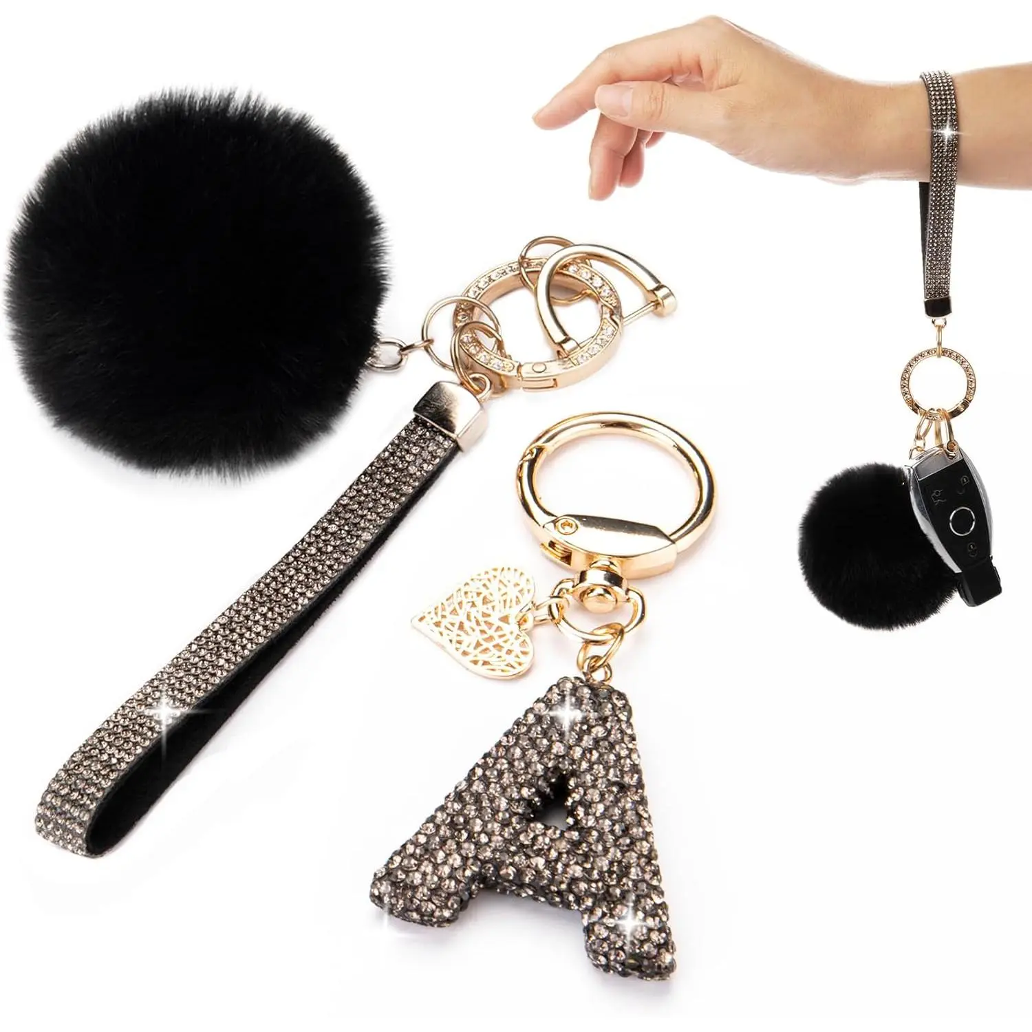 Initial Letter Keychain for Women, Bling Rhinestone Wristlet with Soft Pom Pom & Heart Pendant, Cute Bag Charm with Removable Parts, Thanksgiving & Anniversary Gift for Classmate, Personalized, Birthday