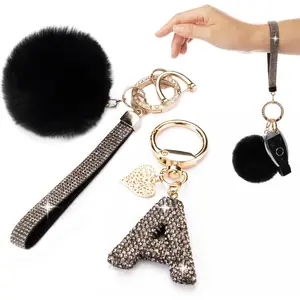 Initial Letter Keychain for Women Girl Bling Rhinestone Sparkly Bag Backpack Purse Charm Cute Pom Pom Key Chain Wristlet