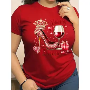 100% Cotton Birthday Queen Pattern Printed T-shirt Short Sleeve Round Neck Casual Top Summer Spring Women's Clothing Fabric Fit Basic Graphic Tee