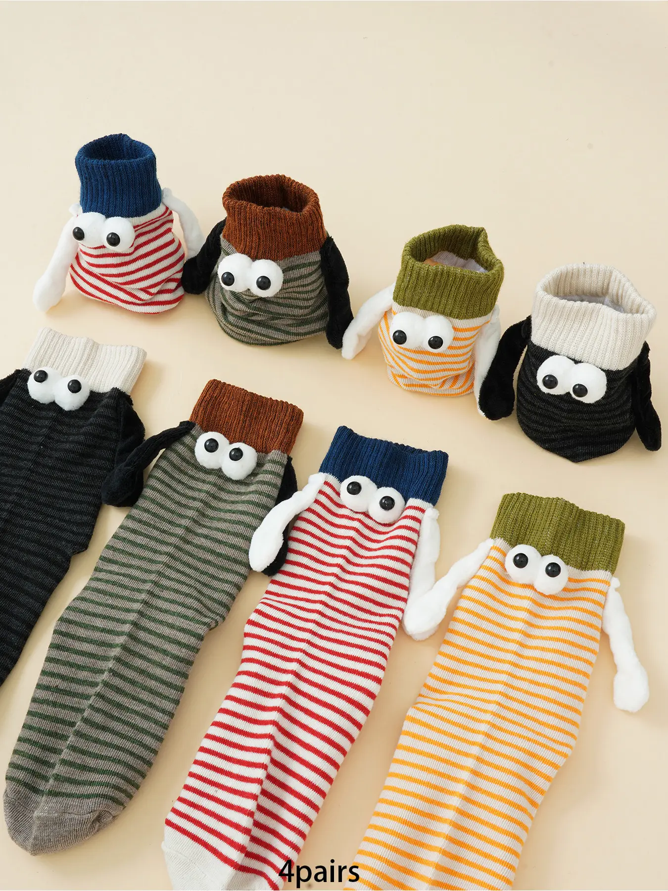 4 pairs Fashion Striped Hand in Hand Socks Comfortable and Warm 3D Eye Arm Casual Socks Suitable for Women's Winter Daily Party and Holiday Wear