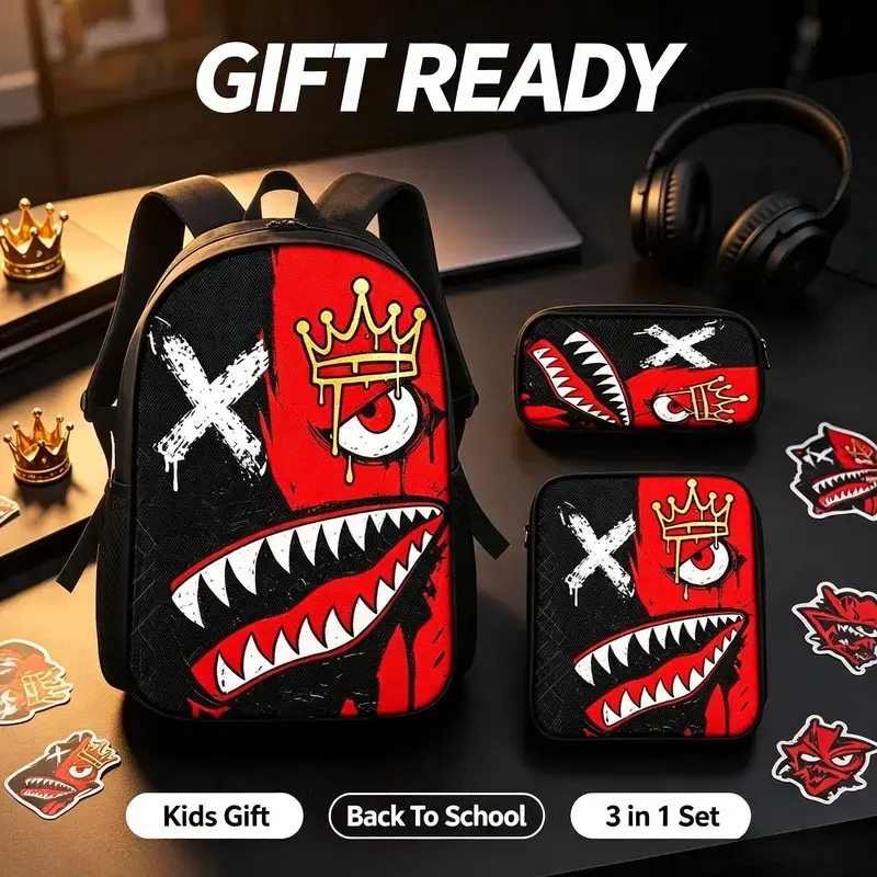 Red and Black Shark-Mouth Pattern School Backpack Set (1/2/3-Piece: Backpack, Lunch Bag, Pencil Case) - Gold Crown "X" Logo, Waterproof, Adjustable Shoulder Straps, Zipper Closure, Built-In Laptop Compartment