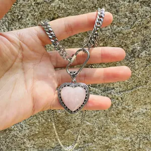 Waterproof Authentic Heart Crystal Necklace for Women | Non-Tarnish Healing Gemstone Pendant for Stress Relief & Clarity | Chunky Silver Curb Chain Choker | Natural Manifesting Stone Mindfulness Gift to Self