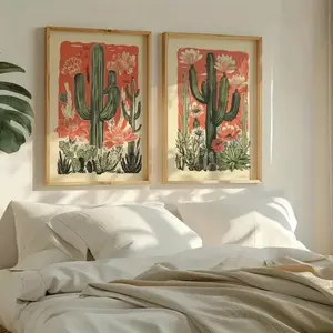 2-Piece Vintage Mexican Desert Cactus Floral Canvas Art Prints, Western Desert Plant Nature-Inspired Mural, Primitive Style Home Decor, Eclectic Gallery Art, Warm-Toned Decorative Poster, Wall Decor, Living Room Framed and Unframed Options Available.
