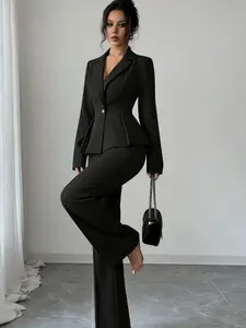 Women's two-piece black lapel multi-button waist-cinching ruffled hem blazer and high-waisted leg-lengthening suit pants set, fashionable, elegant, chic and versatisuitable for all seasons, daily wear, events, and other occasions.