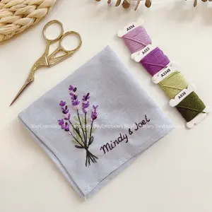 Lavender Hand-Embroidery Linen Handkerchief Custom Wild Flowers Handkerchief Women Embroidery Handkerchiefs