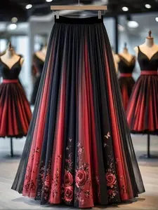 Rose Floral Lace Skirt, Long Fitted Lightweight Dress with Printed Flowers, Elegant All Seasons Fashion, Women's Clothing, Bottoms