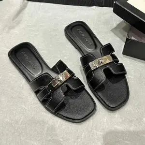 Women's Metal-Buckle Flat Slide Sandals, Classic Versatile Square-Toe Style