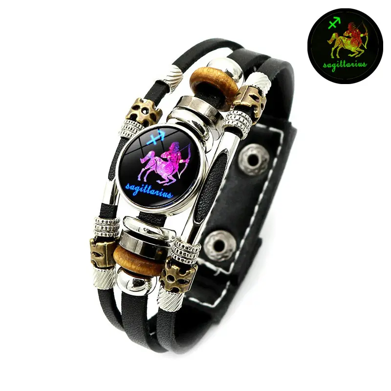 Glow-in-the-Dark Zodiac Sign Leather Wrap Bracelet for Men and Women - Adjustable Bangles, Everyday Accessory, Jewelry Gift