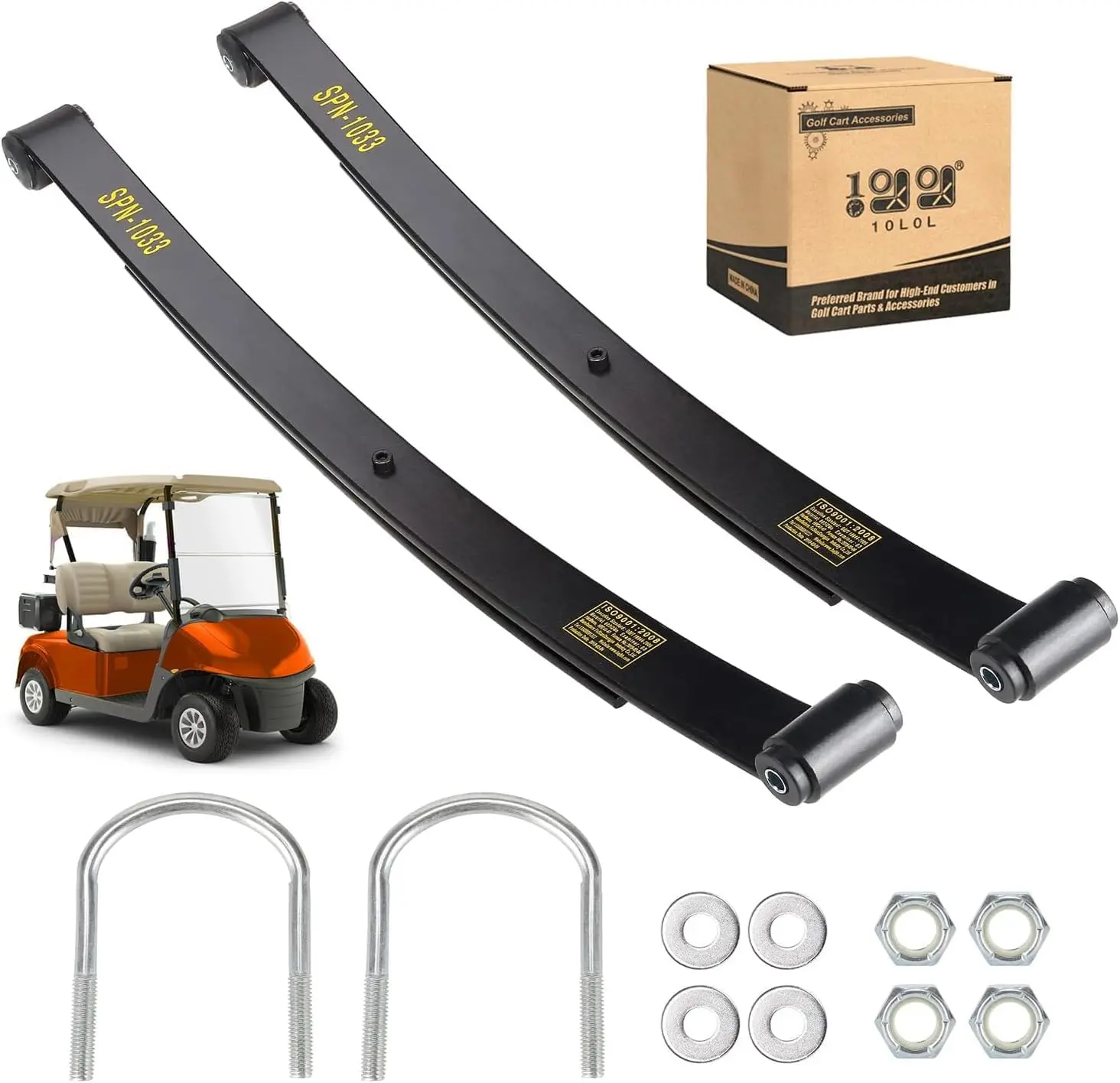 10L0L Heavy Duty Tapered Rear Leaf Springs Kit for EZGO RXV 2008-2013 | 2-Leaf, Includes Bushings, U-Bolts, Nuts, Sleeves, OEM 603498 604494