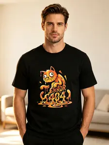 Men's T-Shirt Error 404 Dripping Orange Cat Graphic, Black Short Sleeve Funny Coding Humor Casual Geek Tee