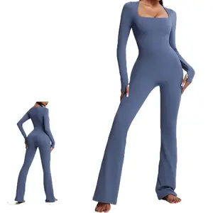 Women's Yoga Bodysuit - Long Sleeve Dance Leotard w/ Flared Legs