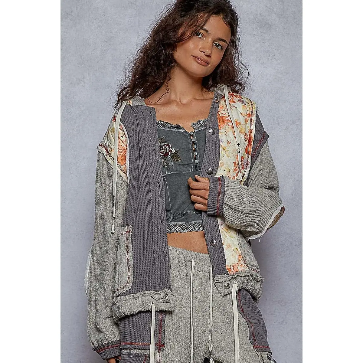 POL Clothing Balloon Sleeve Thermal Floral Quilted Button Down Hoodie Jacket