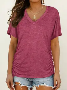 Womens Short Sleeve V Neck Dolman Tops with Side Shirring Loose Fit Shirts Spring Summer Statements