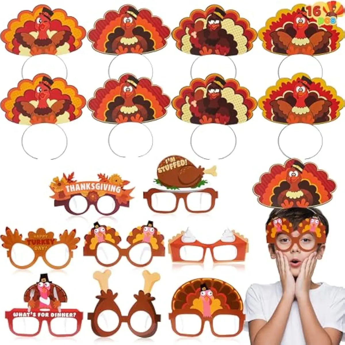 Thanksgiving Turkey Headbands and Glasses Frame (16 Packs), Holiday Headbands and Glasses Frame for Thanksgiving Party Favors Accessories(One Size Fits All) Multicolored