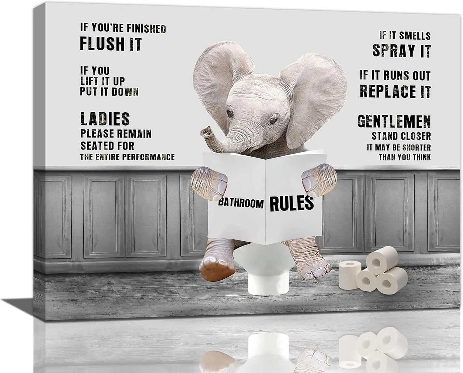 Elephant Bathroom Wall Art Funny Elephant in Toilet Bathroom Pictures for Wall Bathroom Rules Canvas Painting Black and White Bathroom Decor Farmhouse Framed Artwork for Bathroom Ready to Hang Decoration Ornaments Print Artistic Poster