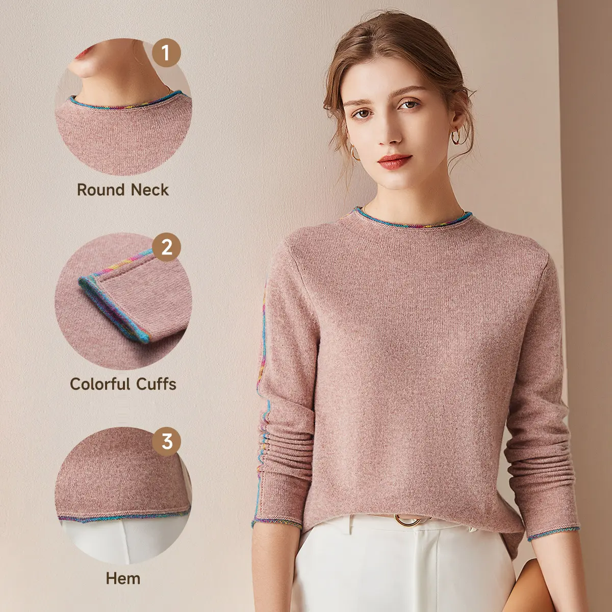 COMOBOCA Women's 100% Cashmere Fitted Knitwear Pullover, Casual Lightweight Color Block Longsleeves Top with Mock Neck, Colorblock, Crew Neck, Long Sleeves, Medium Length, Knitting, Cold Wash, Flat Dry, Dry Clean, Body-Fitted, Pure Cashmere