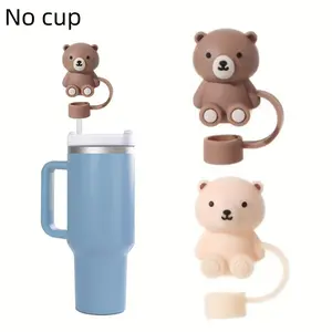 Silicone Straw Tip Cover, 2 Counts/set Cute Bear Design Dust-proof Straw Topper, Reusable Straw Cap for Indoor & Outdoor, Straw Spout Lid