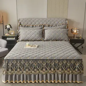 3pcs Lace Edge Bed Skirt Set, Modern Style Quilted Bedskirt, Soft Comfortable Fabric, Ideal for Bedroom Office Travel Essentials, Bedding Sets