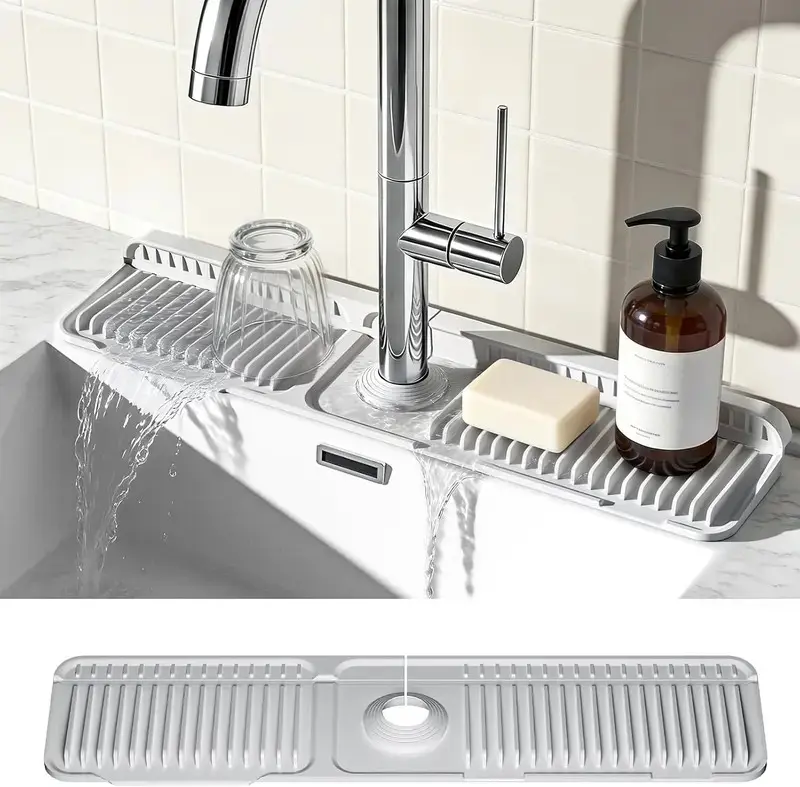 24-Inch Adjustable Extra Long Silicone Kitchen Sink Faucet Mat, 7° Self-Draining Slope Splash Guard, Fast-Drying Countertop Protector, Versatile Organizer Draining Board, Organizer Draining Boards, Versatile Draining Boards