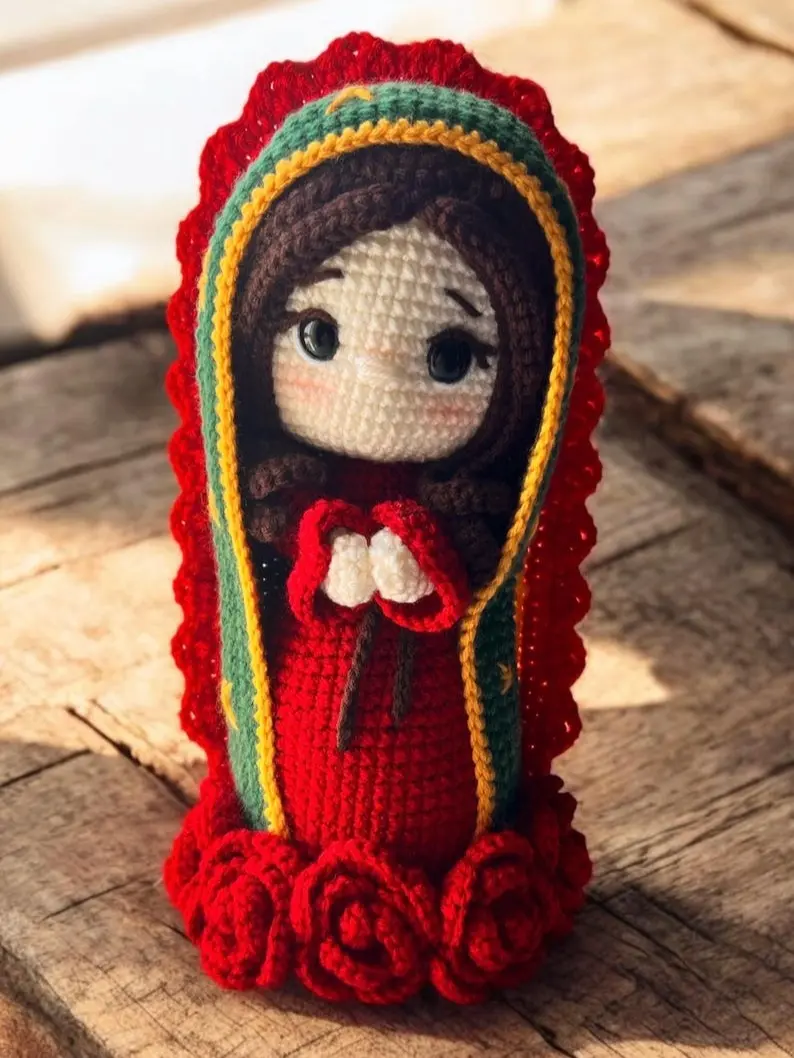 Virgen de Guadalupe Crochet Doll 9" - Blessed Virgin Mary Amigurumi Figure - Mexican Catholic Decor & Altar Gift