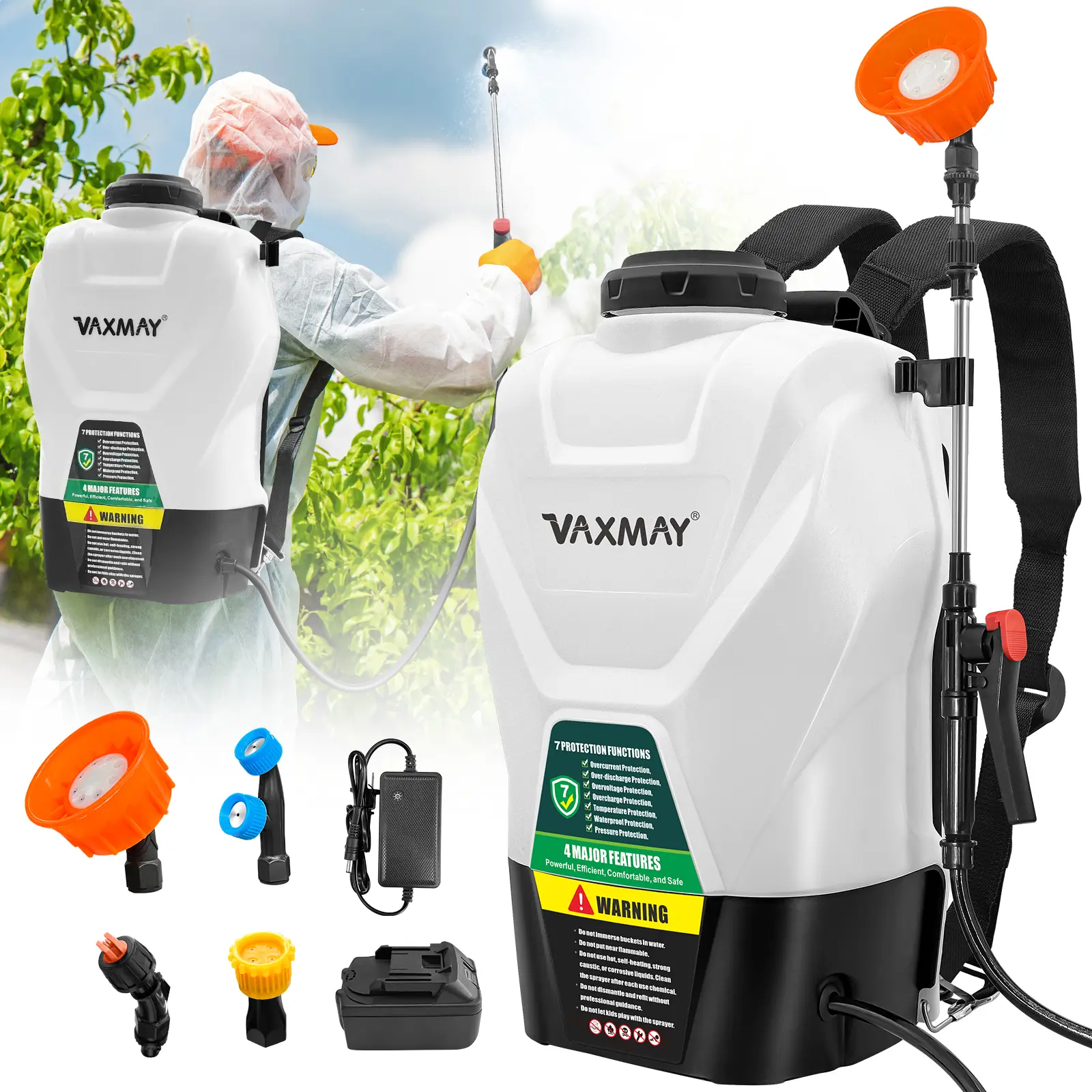VaxMay Electric 4 Gallon Battery Powered Garden Sprayer 75 PSI with Telescopic Wand, 2.5Ah Battery & Charger, Includes 2 Nozzles