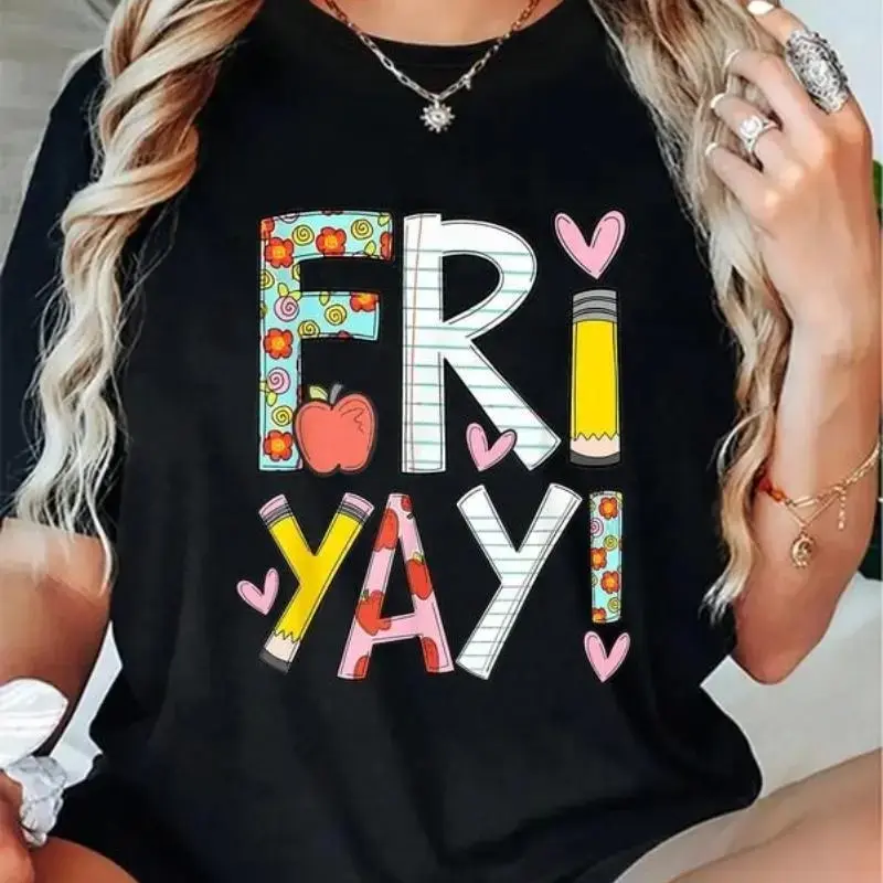 Women's 100% Cotton Round Neck Short-Sleeve Loose Casual Everyday T-Shirt - Fri-Yay Happy Friday Funny Weekend Teacher Back To School Golf Gift For Men, Shortsleeve, Breathable, Top, Tee, Black, Tshirt