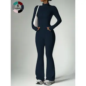 Women'S Two-Piece Sportswear Set, Stand Collar Zipper Long Sleeve Top, High Waist Butt-Lifting Pants, Soft Breathable Yoga Gym Running