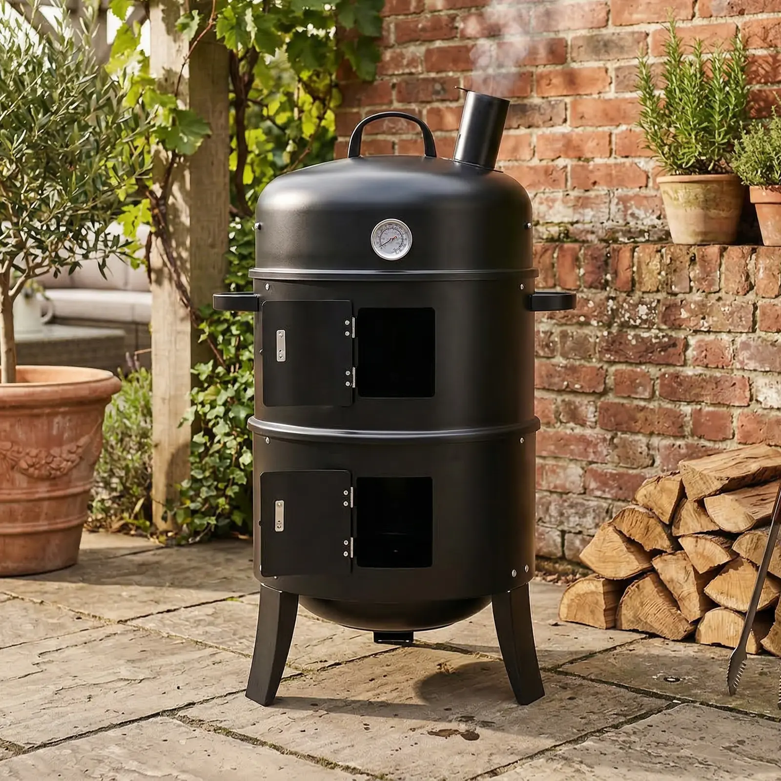 2-Tier Black Cylindrical Vertical Charcoal Smoker with Chimney, Heavy-Duty Powder-Coated Iron BBQ Grill with Built-In Thermometer, Adjustable Air Vents & Dual Access Doors for Backyard Outdoor Use