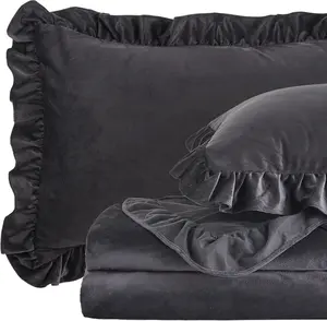 Plush Flannel Sheet Set -  Size 4- - Ruffled Edge Design, 16 Inch Deep Pocket, Anti-Pilling & Fade Resistant - 220 GSM Breathable Luxury -Season Bedding, Black