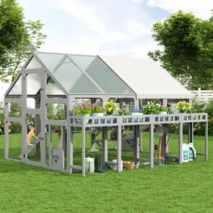 Large outdoor cat house, with a trellis, wooden cat cage, multiple resting boxes, walk-in cat shelter, accommodates multiple kittens, with a suspension bridge, platforms, and a waterproof cover