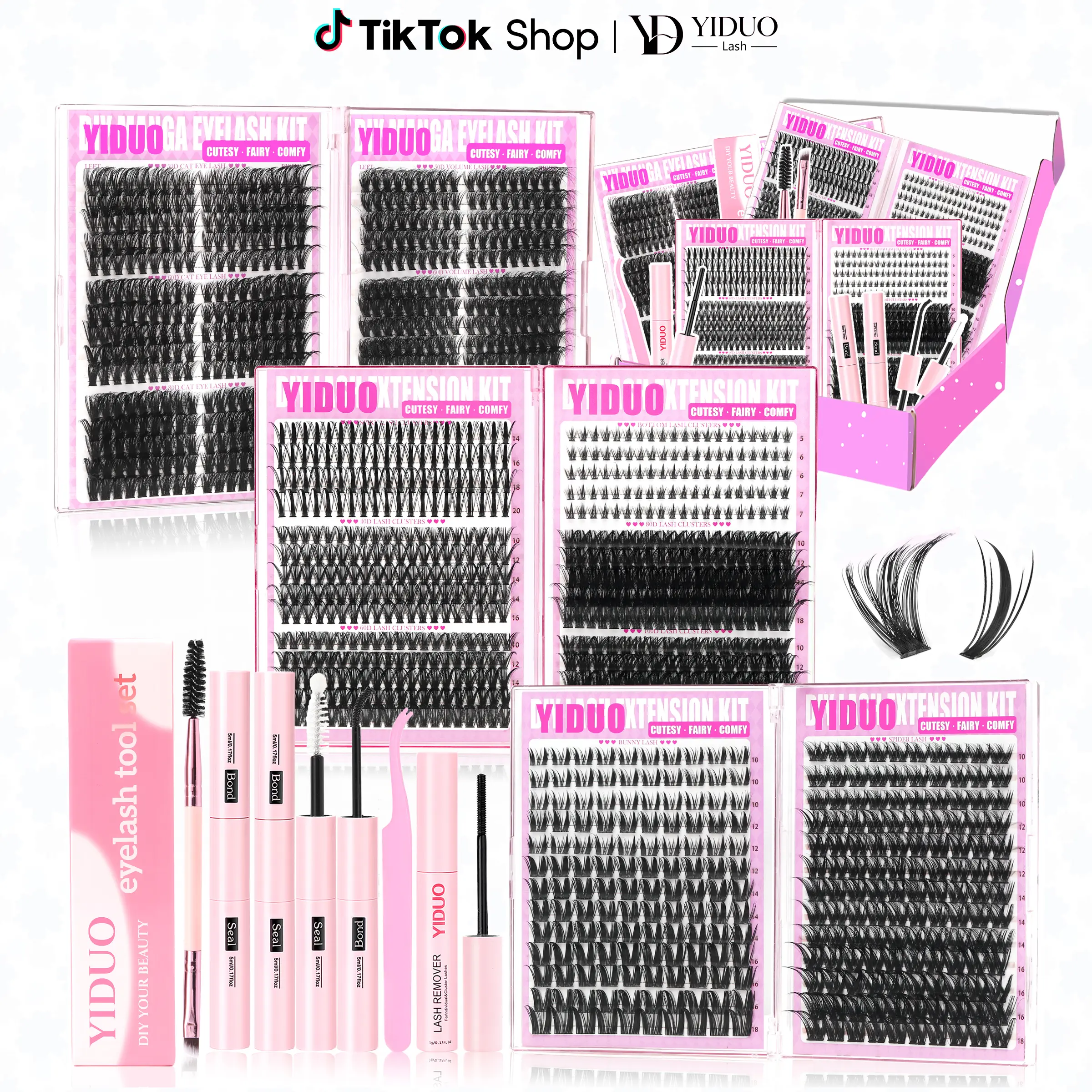 YIDUO Volume Mega Eyelashes Kit Set - Adult Lash Cluster Kit, 1110/1479/1686 Pcs 0.07mm 10-12mm Synthetic D-Curly Bulk Dramatic Lashes, 2X Bond & Seal, Soft Comfy Wear, Beginner-Friendly At-Home Cosmetic Gift Pack (Deals for You Days)