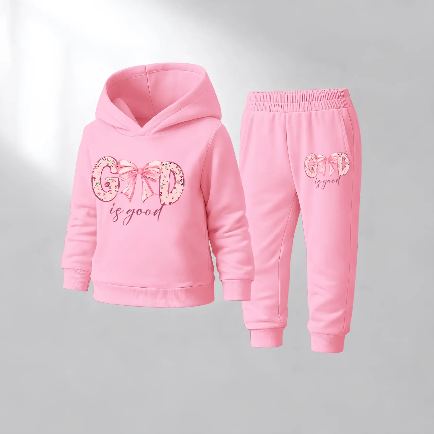 Girls' "GOD is Good" Floral Bow Hooded Tracksuit for Kids, Long Sleeve Two-Piece Set with Fleece Hoodie, Pockets, and Drawstring Track Pants, Casual Autumn and Winter Streetwear
