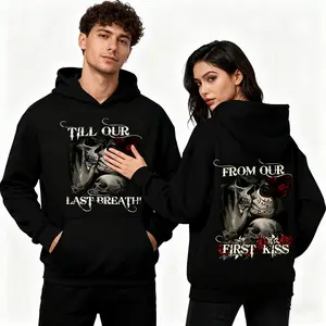 Gothic Couple Hoodies "From Our First Kiss to Till Our Last Breath" Unisex Thin Fleece Lined Sweatshirts Edgy Romantic Streetwear for Couples Long Sleeve Pullover Tops Clothes Casual Fit Prints Style Statement