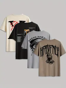 "Dark Art Attitude" 4-Piece Set Multi-Color, Casual Oversize T-Shirt Round Neck 4 Designs: Beige (Torn Letter) / Black (Text + Sculpture) / White (DREAM MAKER Eye) Dark Art + Religious Element Print Soft Cotton Ble