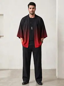 Men's Fashion Gradient Print Loose Kimono Shirt, Casual Summer Beach Travel Essential, Lightweight Polyester Streetwear