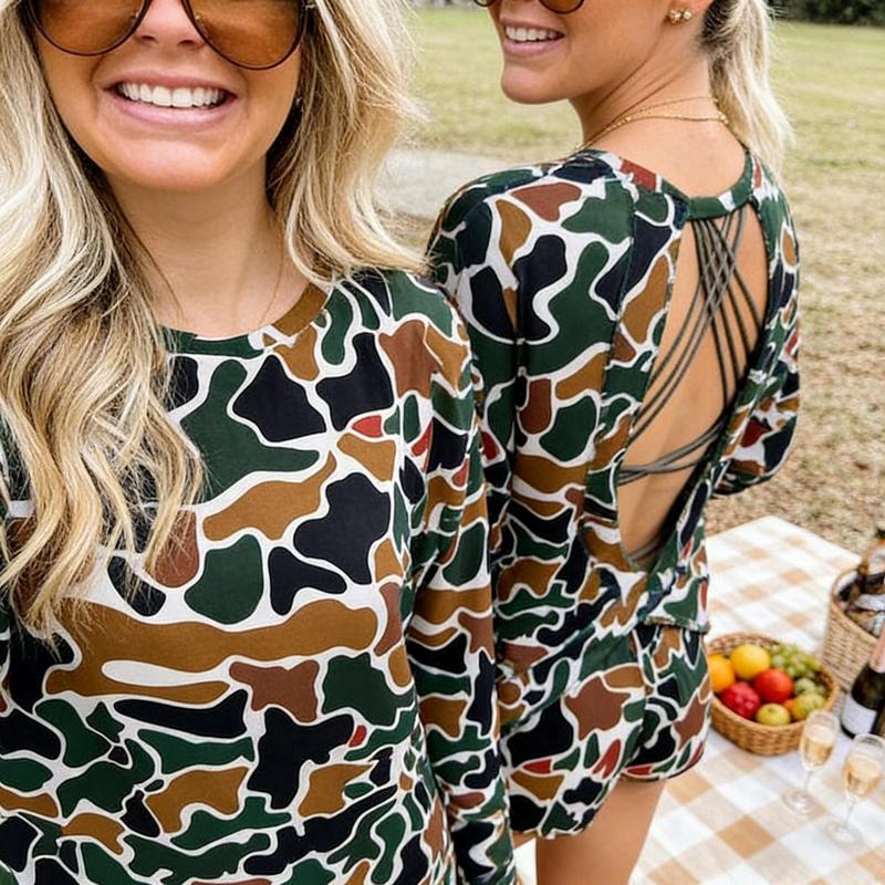 Women's Camo Long Sleeve Oversized Shirts Casual Hollow-out T-Shirts Pullover Crew Neck Tops Fall Fashion Outfits